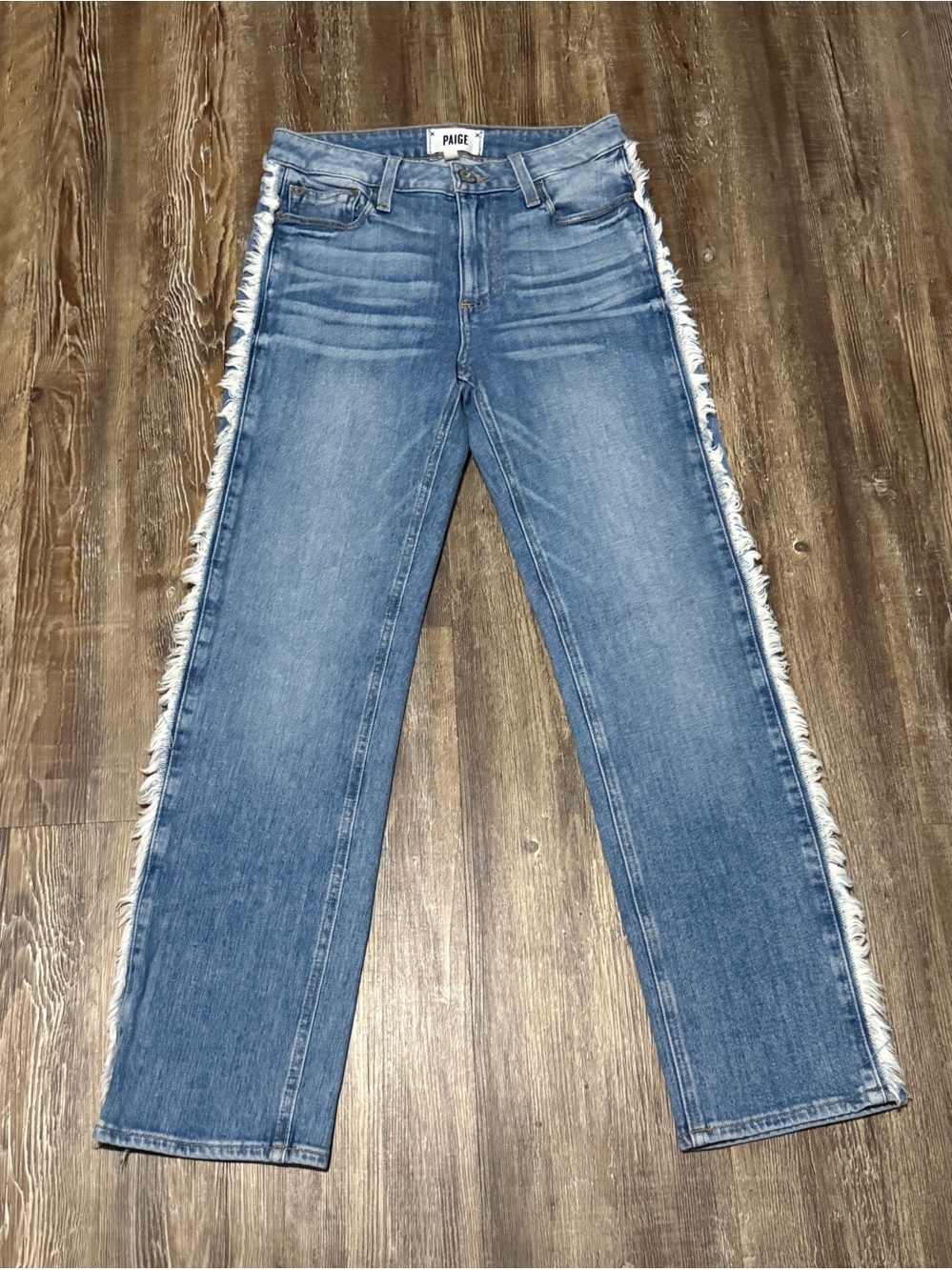 Paige Noella Side Frayed Straight Leg Jeans Women's 23 Cropped in Biella Wash De
